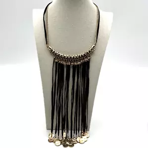 Western Boho Long Fringe Necklace Faux Leather Suede Rose Gold Tassle Statement - Picture 1 of 11