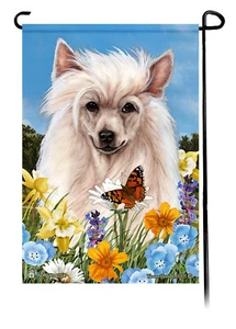 Summer Flowers Garden Flag - Powder Puff Chinese Crested - Picture 1 of 1