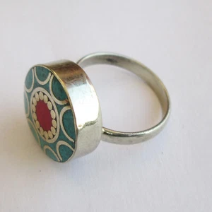 Tibetan Silver Turquoise Red Coral Original Jewelry Adjustable Unisex Ring R20 - Imagen 1 de 7