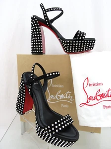 $1795 LOUBOUTIN MOVIDA JANE BLACK SUEDE CRYSTALS ANKLE PLATFORM SANDAL PUMPS 39 - Picture 1 of 14