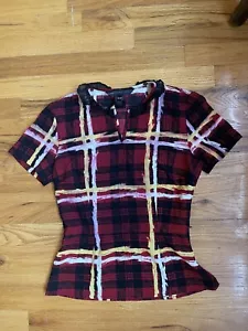 Marc Marc Jacobs Red Plaid Tartan Ruffle Collar Short Sleeve Blouse Top Sz XS/TP - Picture 1 of 6