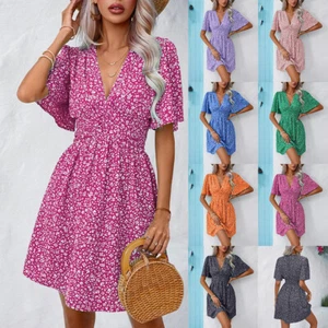 Women Short Sleeve Floral V-Neck Midi Dress Ladies Casual A-Line Summer Dresses - Picture 1 of 31