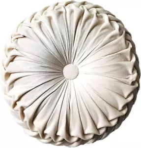Velvet Round Throw Pillow with Pleats for Couch, Chair, and Bed - Beige - Picture 1 of 12