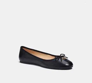 Coach Alina Ballet Flat Women's Black Leather Slip on Bow Accents - Picture 1 of 5
