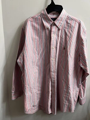Camisa polo masculina Ralph Lauren 16 32-33 rosa yarmouth listrada botão para baixo - Imagem 1 de 4