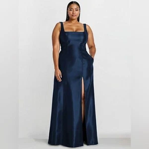 ALFRED SUNG Satin Gown Size 18 Midnight Navy Pockets Square Neck Side Slit Prom - Picture 1 of 10