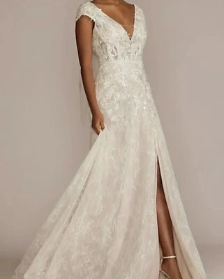 Melissa Sweet - Cap Sleeve Aline Beaded Lace Wedding Dress With Slit ~ Size 16W - Image 1 of 4