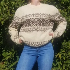Vintage 1970s Campus Cream and Tan Wool Sweater Size XL - Picture 1 of 4