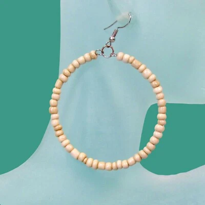2" Natural Cream Color Round Hoop BOHO Handmade Seed Bead Dangle Earrings  - Image 1 of 4