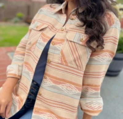 NWT Pendleton PEACH/BLUE AZTEC STRIPE Double Soft Flannel Shirt Women's L NICE - Image 1 of 4