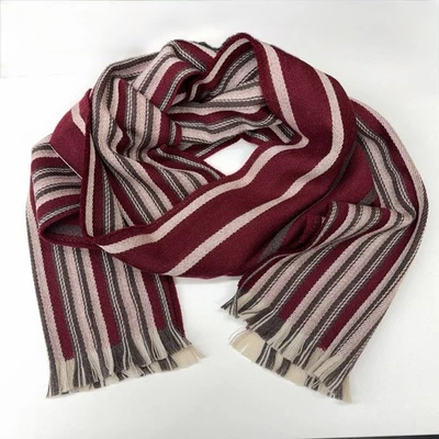 Amicale 100% Merino Wool Scarf Burgundy Pink Gray Stripe Fringe Classic - Image 1 of 3