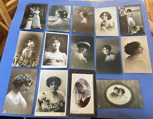 NICE LOT x14 WOMEN PHOTO RPPC 1910s HAND COLORED +GB STAMPS ! BRITISH BEAUTIES ! - Picture 1 of 2