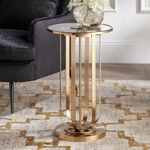 Blaine Modern Round Accent Table 14" Wide Gold Tempered Glass for Living Room - Picture 1 of 8