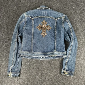 Lawman Women's Western Vintage Denim Jacket Cross Studded Accents Size L - Picture 1 of 9