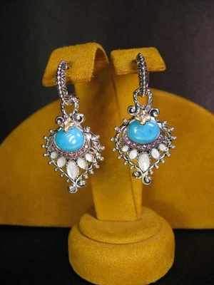 BARBARA BIXBY EARRINGS PEACOCK GEMSTONE FEATHER HOOP DANGLE CHARM Turquoise MOP - Image 1 of 2