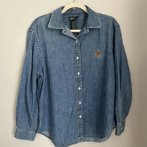 Lauren Jeans Co. Ralph Lauren Women's Large Denim Blue Chambray Logo Shirt - Picture 1 of 5
