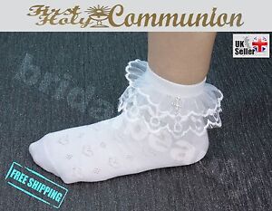 Flower Girls Frill Socks First Holy Communion Confirmation Pendant Cross Pageant