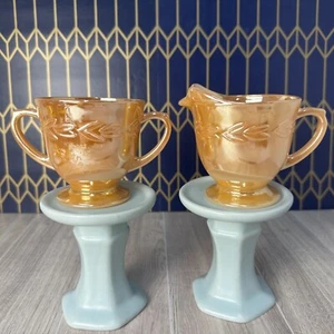 Fire King Peach Luster Sugar Bowl & Creamer Anchor Hocking Laurel Glass - Picture 1 of 12