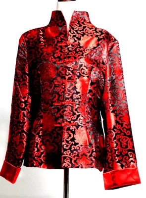 Chaqueta Oriental Mujer Roja Negra Palanca Cierre Frontal Manga Larga, Talla XXL Foto 1 de 4