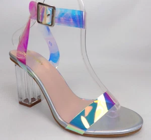 FASHION NOVA Women Holographic Metallic Ankle Strap Clear Heel Sandals Sz 8.5 -9 - Picture 1 of 11