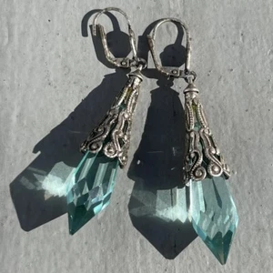 Orecchino, goccia lunga pendente, pesante, vetro blu/verde argento - Foto 1 di 11