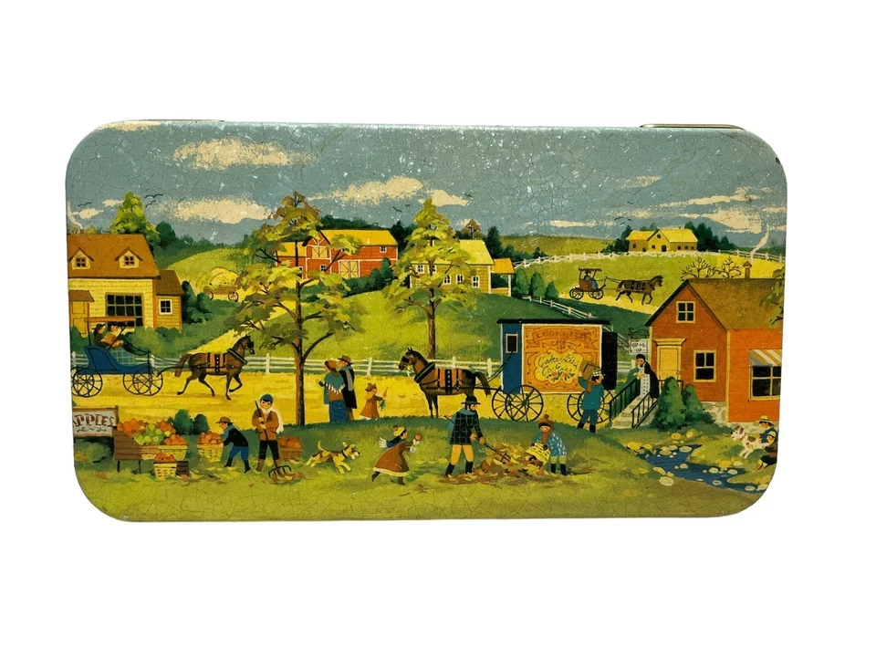 Box Tin Metal Village Country Side colorful tin box storage decor Vintage - Image 1 of 4