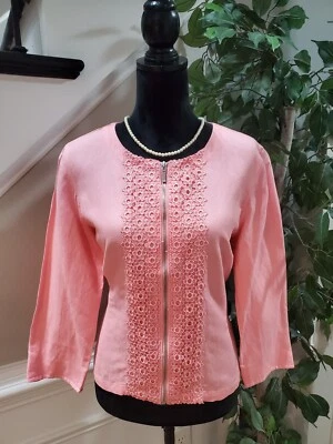 Ruby Rd. Women Pink Lace Floral Linen Long Sleeve Casual Full Zip Jacket Size 12 - Image 1 of 4