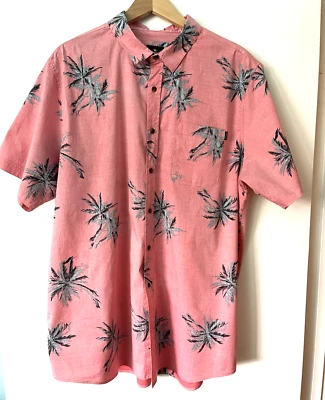 Men's Size XXL RIP CURL Pink Gray Palm Tree Hawaiian Dress Shirt Short Sleeve - Image 1 of 4
