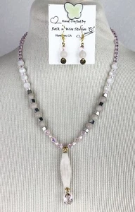 Handcrafted Rose Quartz Beaded Stone Crystal Necklace and Earrings Set USA Pink - Picture 1 of 13