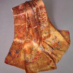 100% Silk long Scarf Women neckerchief Shawl Wrap floral yellow red brown MY134 - Picture 1 of 9