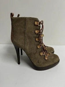 Tory Burch Brown Suede Platform Grain Heels Boots Golden Hardware Laceup Sz 8.5 - Picture 1 of 9