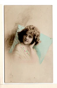 1917 Tinted RPPC Postcard Young Girl on Blue Pillow-PP8 - Picture 1 of 2