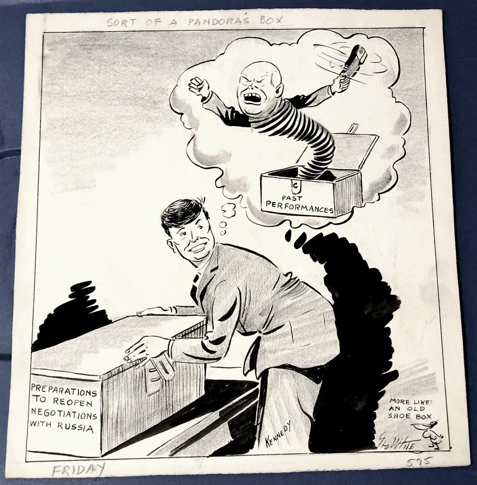 OBRA DE ARTE ORIGINAL GEORGE WHITE EDITORIAL DIBUJOS ANIMADOS KENNEDY VERSUS KRUSCHEV  Foto 1 de 1