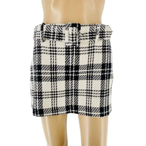 MANGO Women's Black White Checkered Regular Fit Knit Belted Short Skirt S W28 - Picture 1 of 16