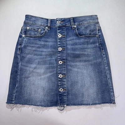 Women’s Denim Mini Skirt Sz 28 Blue Summer Button Front Distressed Preppy Cute - Image 1 of 4