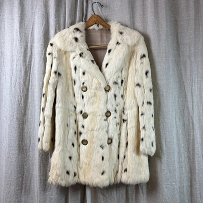 Винтажный 50-х-60-х французский мех пальто белый кроличий мех пальто женщин MED белый черный пятнистый - Изображение 1 из 4