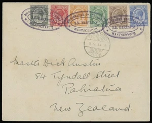 1934 KENYA-UGANDA SHIP MAIL COVER TO NEW ZELAND, 6 STAMPS FRANKING, OVAL CANCEL - Picture 1 of 1