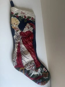 Lands End Wool Needlepoint Christmas Stocking Old Time Santa & Gifts Blue Velvet - Picture 1 of 2