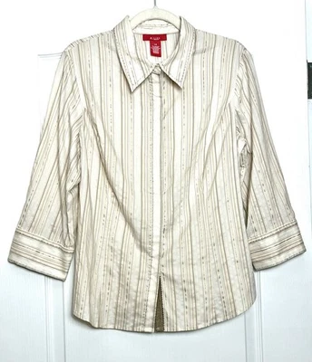 Vestido informal Anne Klein dorado beige blanco a rayas con botones talla 14 mangas 3/4 Foto 1 de 4