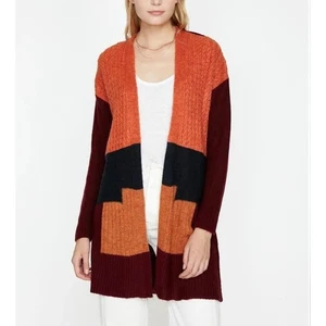 KOTON NWT Color Block Open Front Cardigan Bordeux Design Cable Knit Sweater- M - Picture 1 of 8