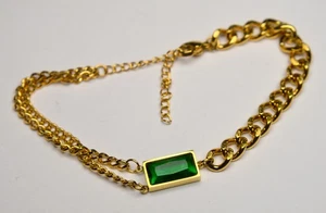 VINTAGE 18K GOLD FILLED CURB CHAIN BRACELET BIG GREEN BAGUETTE GEMSTONE - Picture 1 of 5