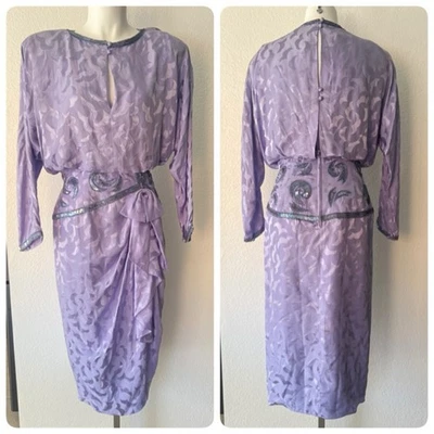 A.J. Vestido de Noche Bari Lila Seda Jacquard Embellecido Midi - Talla 14 Foto 1 de 4