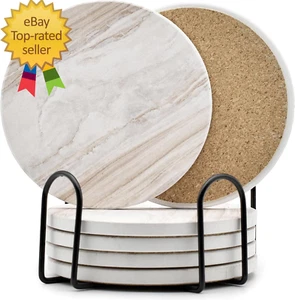 6Pcs Drink Coasters with Holder, Marble Style Ceramic Drink Coaster, Absorbent C - Picture 1 of 12