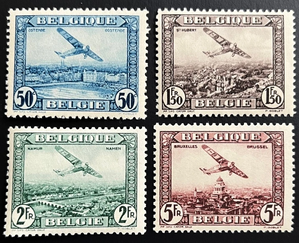 Bélgica 1930 Air Post conjunto de 4 Scott C1-C4 Primera Guerra Mundial Fokker sobre ciudades en estado bastante bueno MNH Foto 1 de 1