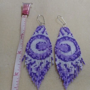 Tribal Earrings Native Large Boho American Seed Beads Handmade Earring - Picture 1 of 8