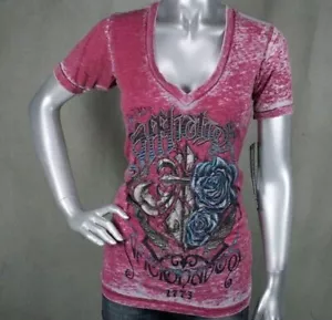 AFFLICTION Mujer Cuello en V Camiseta Olde London Burnout Rojo Sucio AW5757 - Imagen 1 de 4