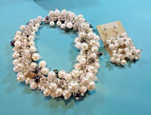 Pearl Cluster Necklace & Earrings, White & Peacock Iridescent Pearls, 28” - Picture 1 of 5