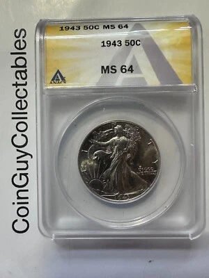 1943 P Walking Liberty Silver Half Dollar Graded ANACS MS 64 - Image 1 of 4