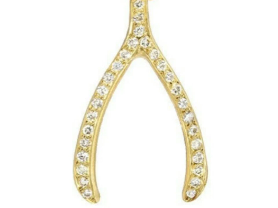 Colgante Wishbone de oro amarillo macizo de 14K tachonado con diamantes delicada Navidad. Foto 1 de 4