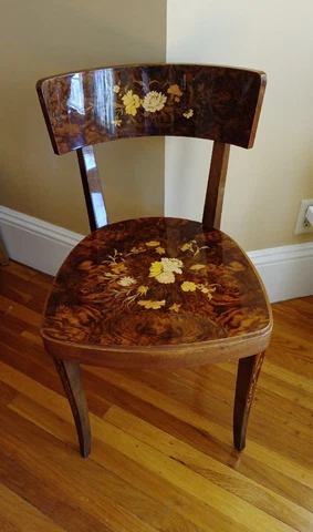 Antique/VTG Ornate Italian Solid Inlaid Wood Marquetry Accent Side Chair Italy Cover